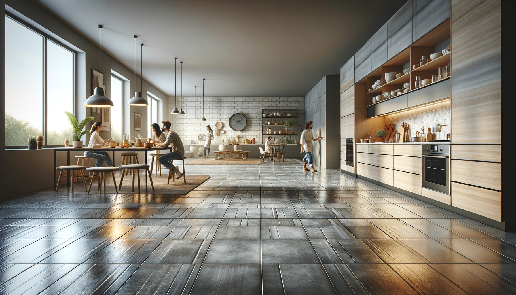 Modern kitchen interior with people, dining area, and sunlight.