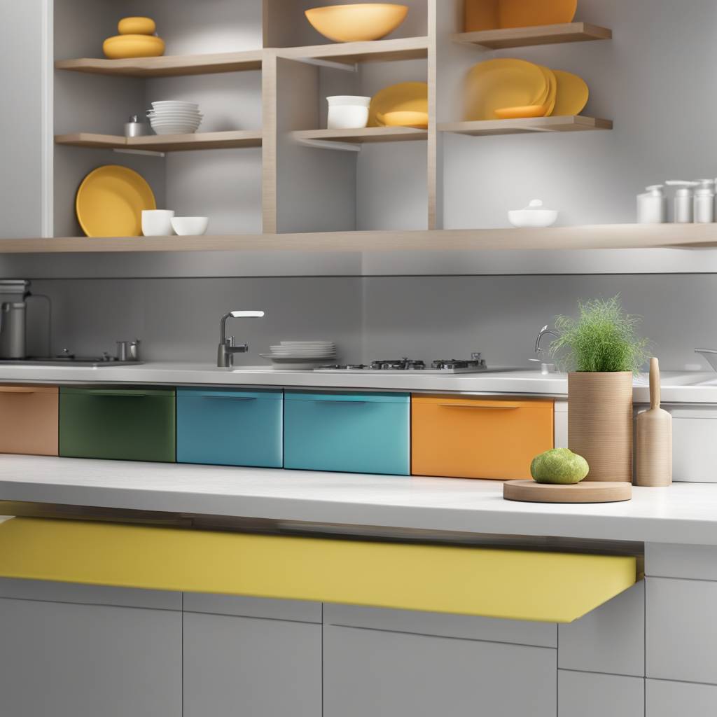 Modern kitchen with colorful cabinets and stylish decor.